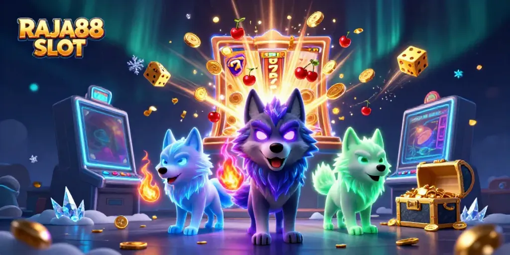 Engage with the thrilling RAJA88 SLOT gaming experience, featuring vibrant casino elements and dynamic characters.