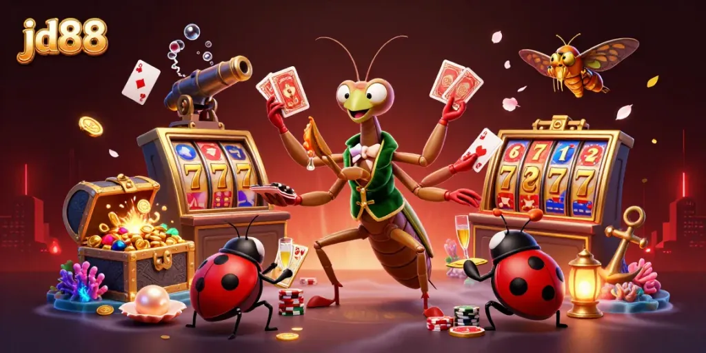 Experience thrilling gaming with jd88’s vibrant characters and slot excitement in an engaging 3D scene.