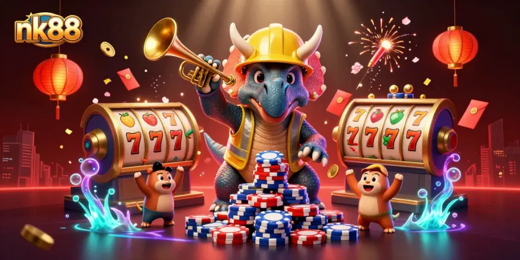 Experience nk88 with a vibrant celebration of casino fun, featuring joyful dinosaur characters and dynamic casino elements.