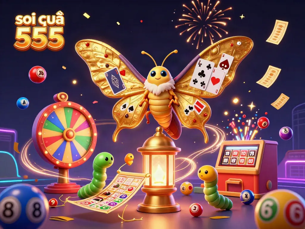 Engage with soi cầu 555 as vibrant lottery elements surround a majestic atlas moth illustration.