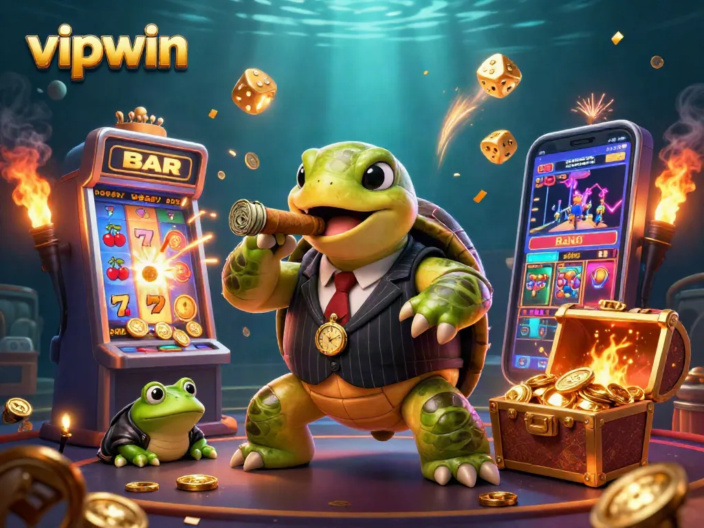 Engage with vipwin and win big at the animated casino illustrated by a lively turtle in a suit