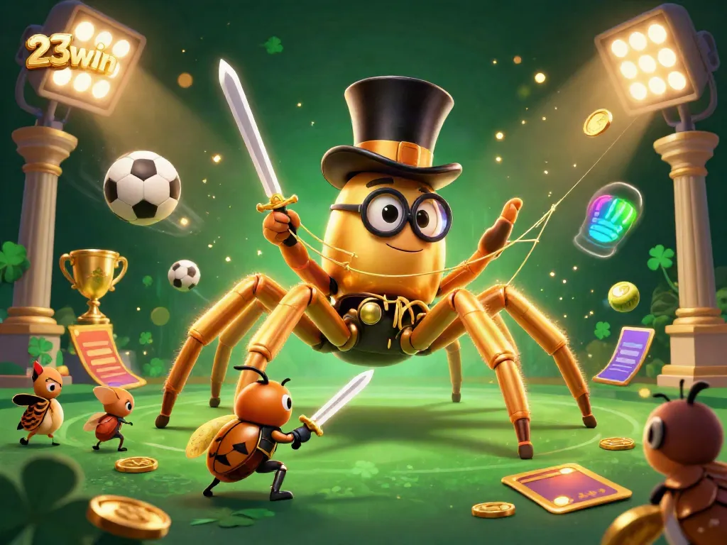 Engage in an exciting scene featuring 23win with a golden tarantula and a beetle knight in a lively casino atmosphere.