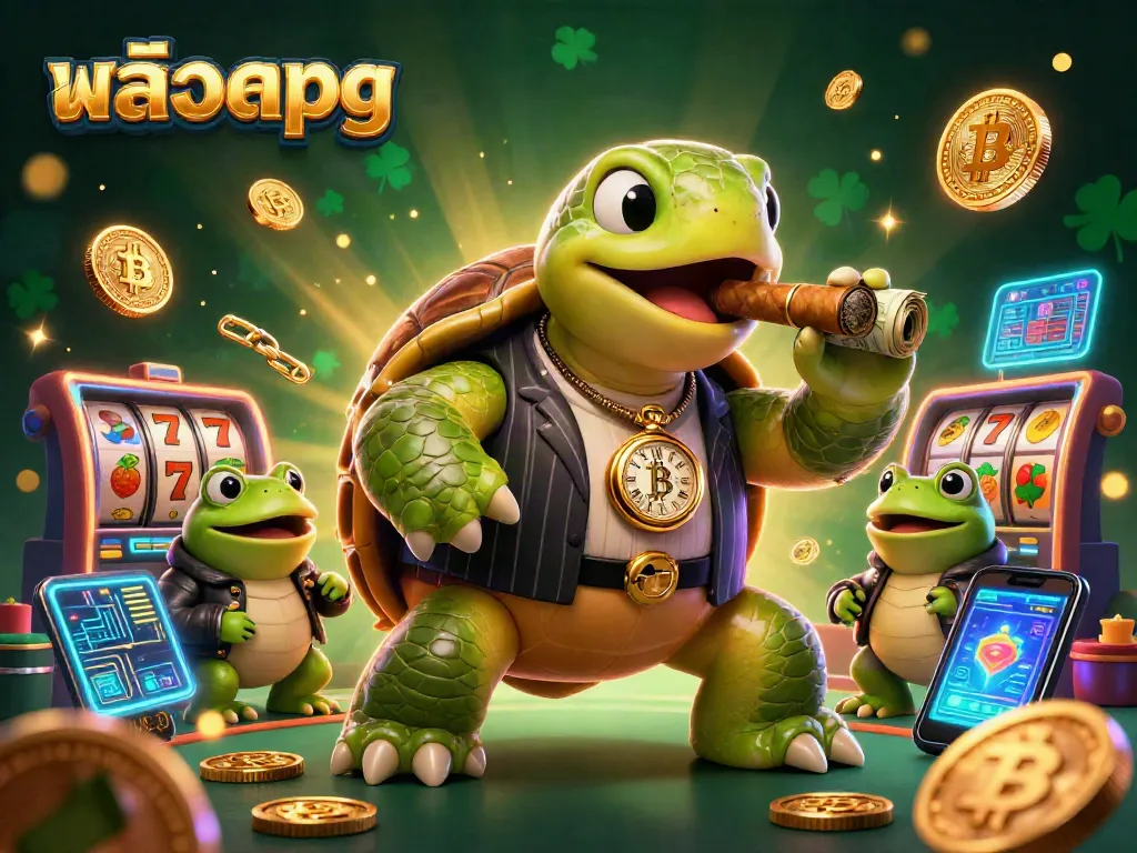Engage in สล็อตpg excitement with a mobster turtle and bullfrog enforcers amidst glowing crypto elements.