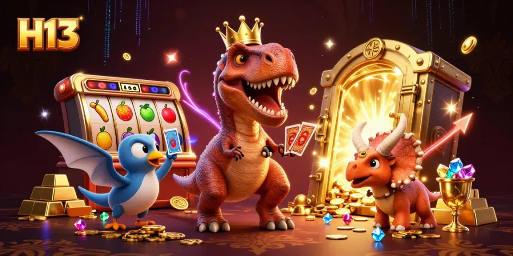 Experience thrilling H13 gameplay with a T-Rex shuffling cards and a baby triceratops stacking chips in a vibrant scene.