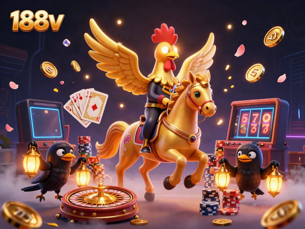 Experience the excitement of 188v casino with a golden rooster and magical ambiance.