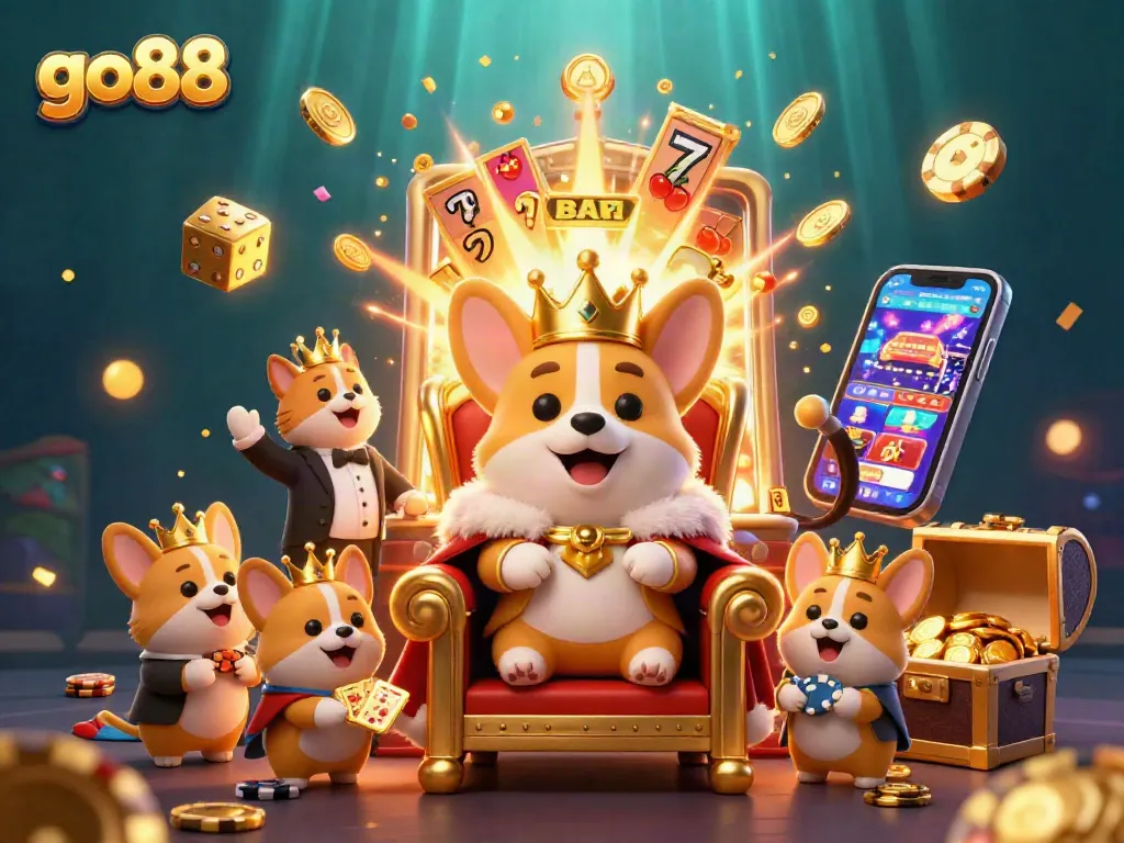 Engage with go88's exciting casino world featuring a royal corgi on a poker throne.