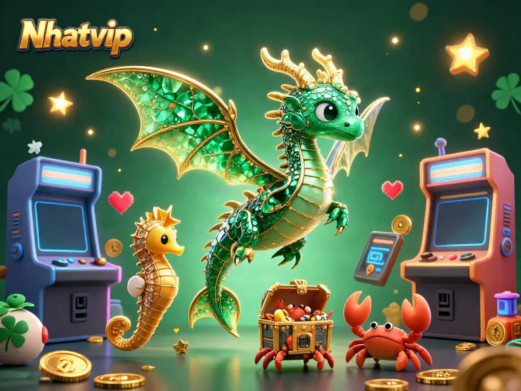 Nhatvip promotional 3D illustration featuring a dragon and vibrant casino elements.