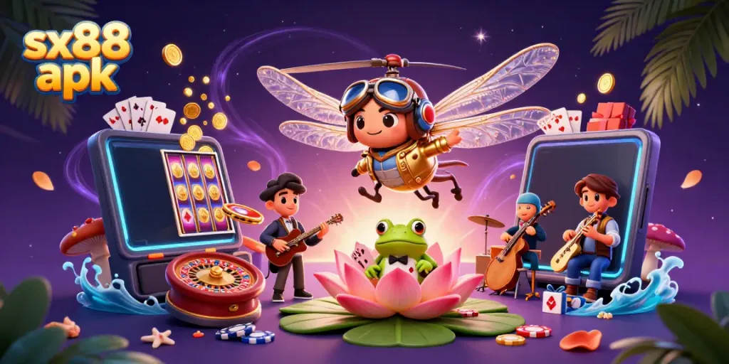 Experience gaming excitement with sx88 apk as a dragonfly pilot hovers above a lily pad casino.