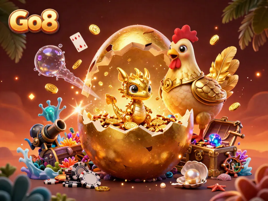 Engage with Go8's thrilling gaming world featuring golden dragon and poker chips in a dynamic casino scene.