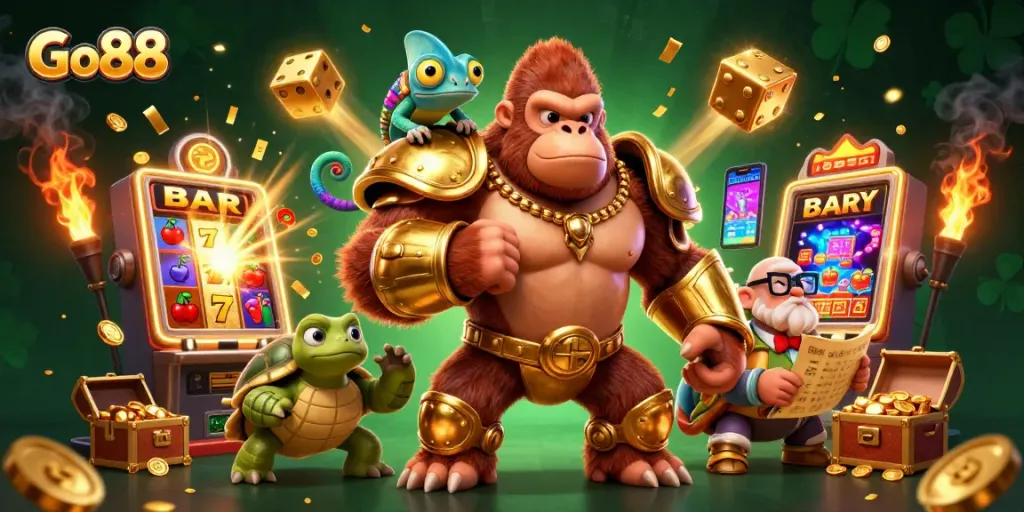 Engage in thrilling gameplay with Go88, showcased by vibrant 3D characters and dazzling slot game elements.