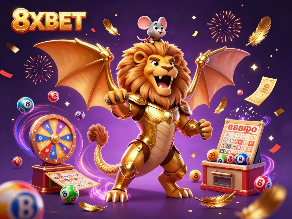 Engage with 8XBET's vibrant gaming world, showcasing a chimera and joyful symbols of lottery and prizes.