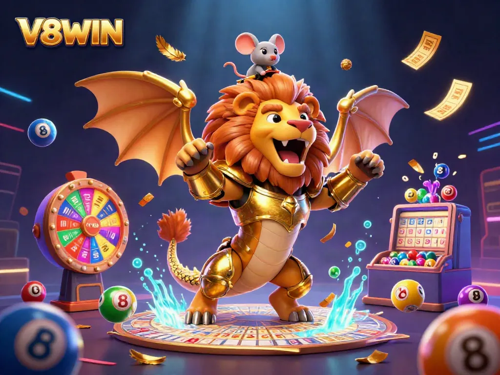 Experience thrilling gameplay with V8WIN's vibrant lottery scene featuring colorful balls and golden prizes.