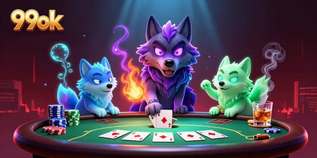 Experience the thrill of 99ok with a vibrant poker scene featuring ghostly wolves and dramatic elements.