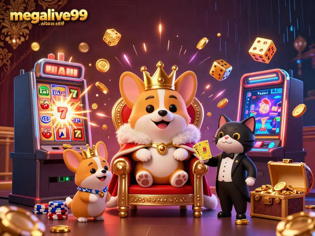 Gambarkan keseruan taruhan di megalive99 alternatif dengan corgi kerajaan bermain di atas tumpukan chip poker.