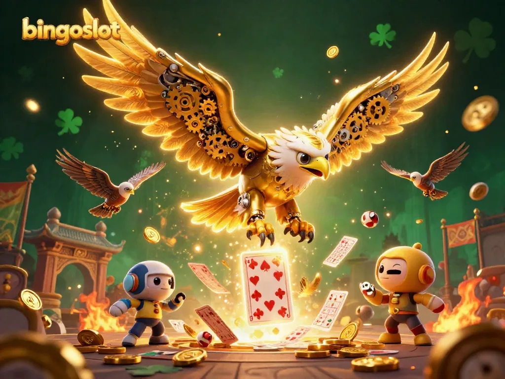 Permainan bingo slot yang menarik dengan karakter elang emas yang menakjubkan dalam suasana penuh semangat.