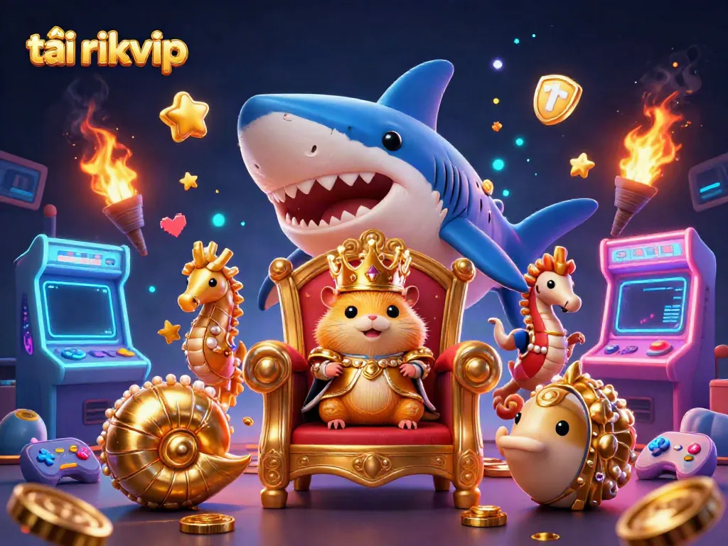 Experience the excitement with tải rikvip featuring a fierce hamster king amidst vibrant casino elements.