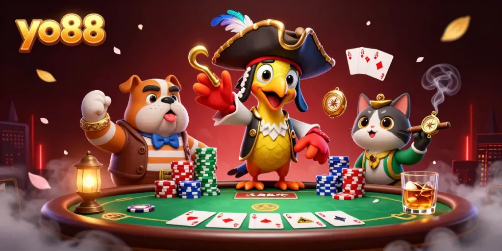 Engage with yo88 at a vibrant 3D casino scene highlighting an exciting poker showdown.