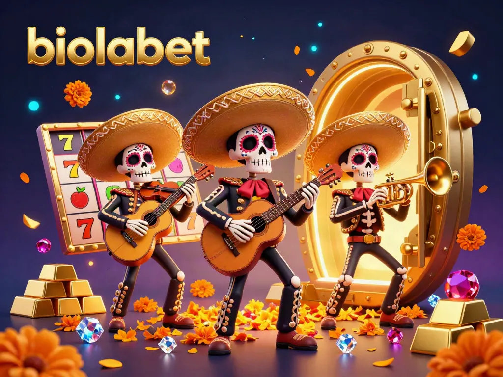 Engage with biolabet's thrilling gaming atmosphere featuring vibrant mariachi skeletons, slot reels, and treasure.