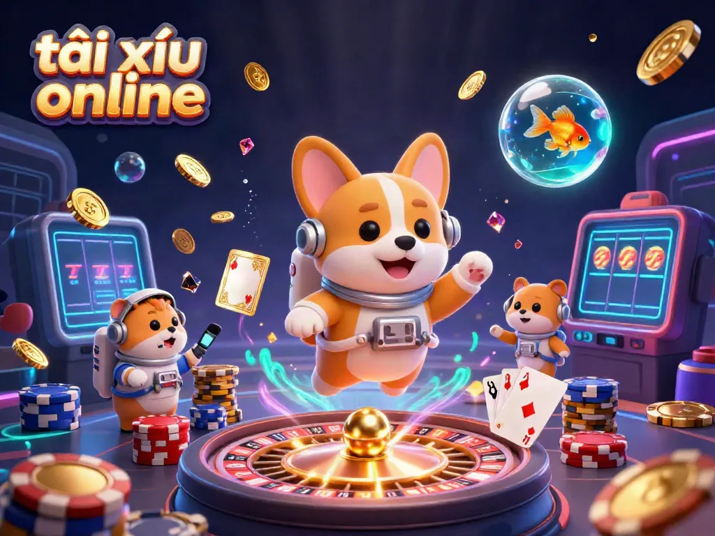 Experience thrilling gameplay in the exciting world of tài xỉu online featuring a floating corgi and vibrant casino elements.