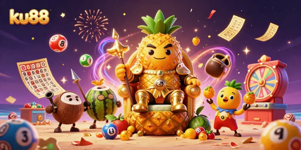 Experience ku88's vibrant casino realm with our 3D golden pineapple king and festive elements.