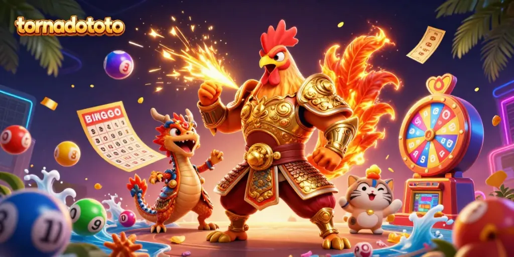 Experience the thrilling world of tornadototo with a powerful rooster warrior and dragon hatchling amidst dynamic gaming elements.