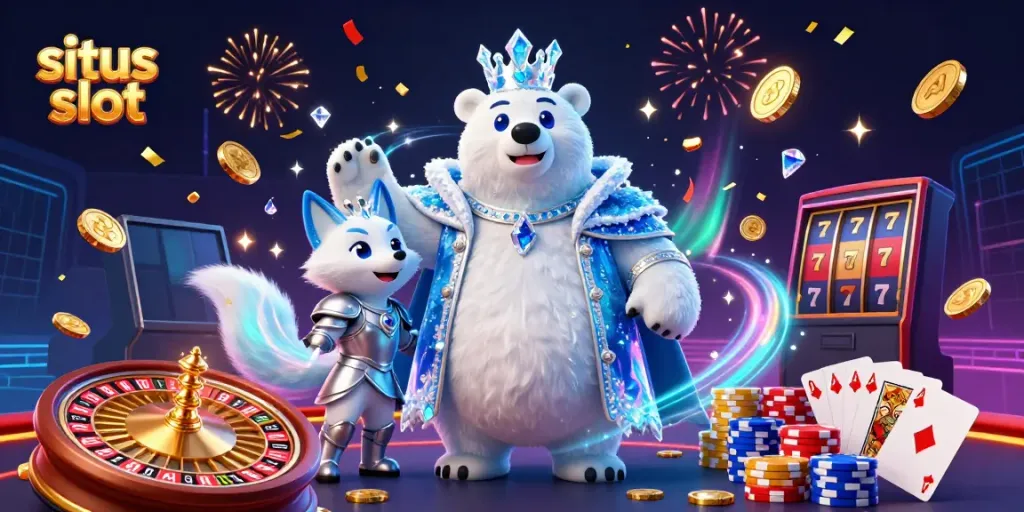 Permainan slot dan kasino online dengan karakter beruang kutub raja dan rubah salju, mengungkapkan konsep situs slot.