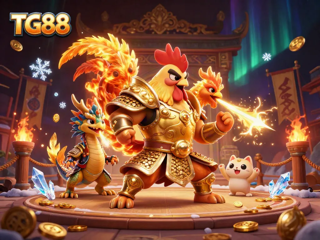 Engage in the thrilling world of TG88 with a dynamic 3D illustration depicting fierce warriors, golden coins, and exciting gambling elements.
