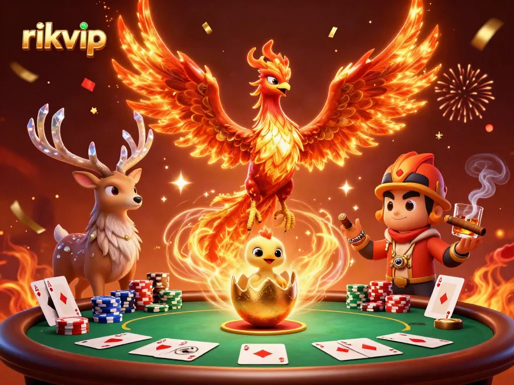 Experience the thrill of rikvip's vibrant gaming world with a majestic phoenix, showcasing poker elements and a festive atmosphere.