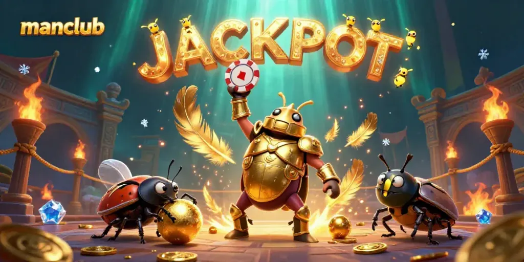 Experience the thrill of manclub gaming with a heroic beetle lifting a poker chip amidst vibrant casino elements.