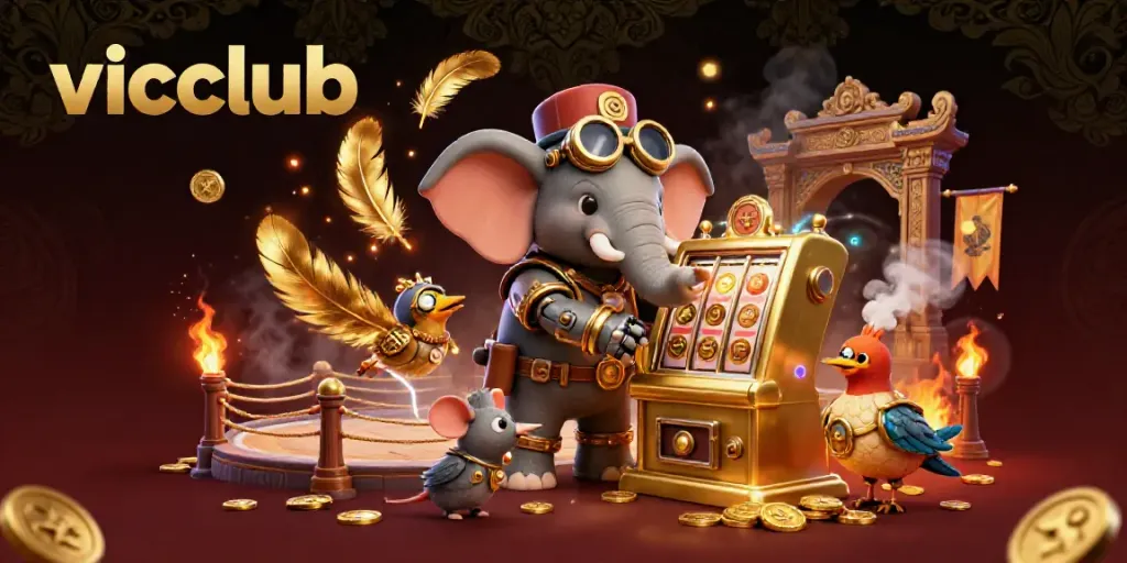 Experience the excitement of vicclub with a steampunk-themed 3D slot machine scene featuring dynamic characters and rich casino elements.