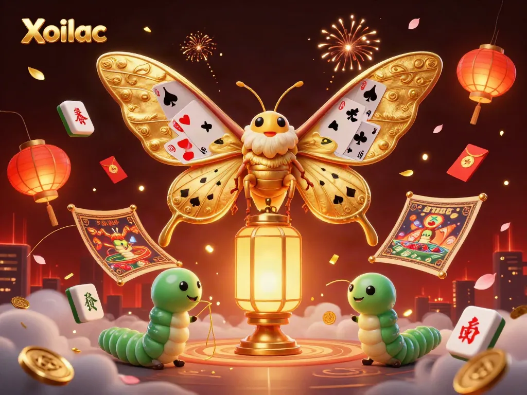 Xoilac brings excitement with vibrant casino-themed illustration featuring moth and lanterns.