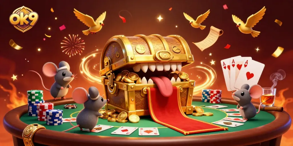 Engage with ok9 poker strategies while exploring a playful 3D treasure scene filled with riches.