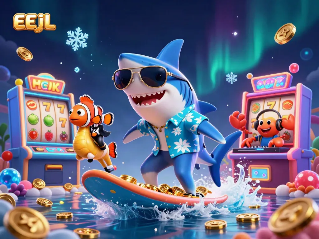 Play EEJL slots featuring a shark and friends celebrating wins amidst gold coins and vibrant screens.