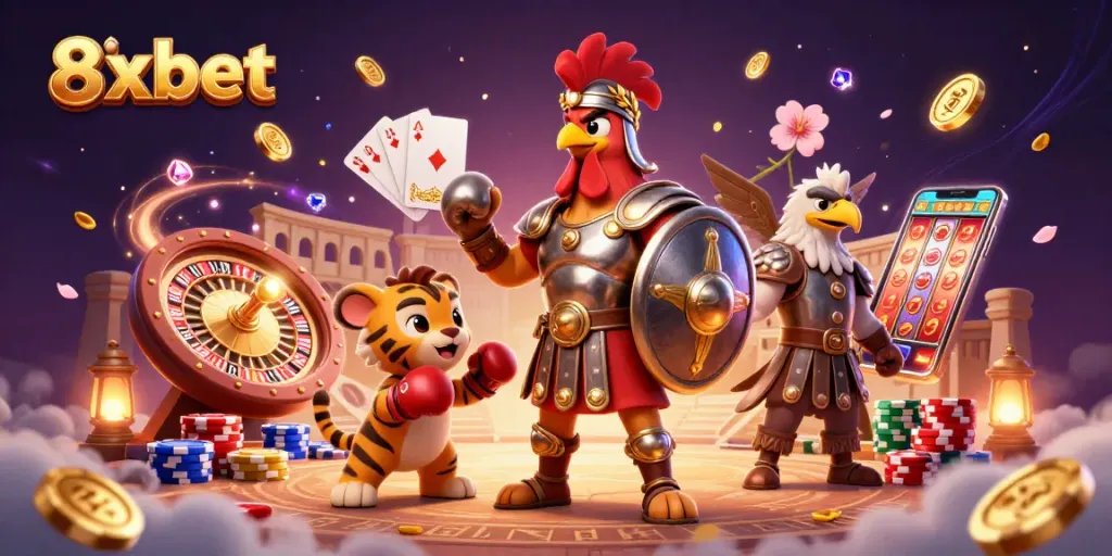 Engage in thrilling games at 8xbet with an exciting illustration capturing casino elements and vibrant characters.
