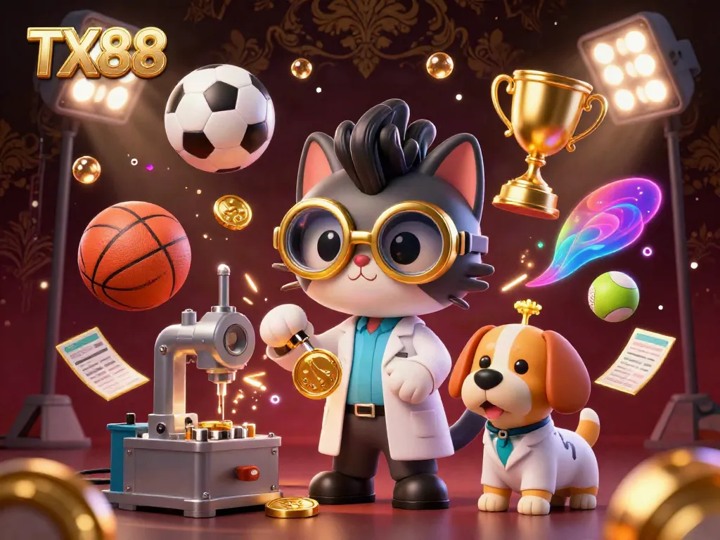Experience the thrill of casino excitement with TX88 involving a mad scientist cat and dog, 3D sports elements, and a vibrant gambling atmosphere.