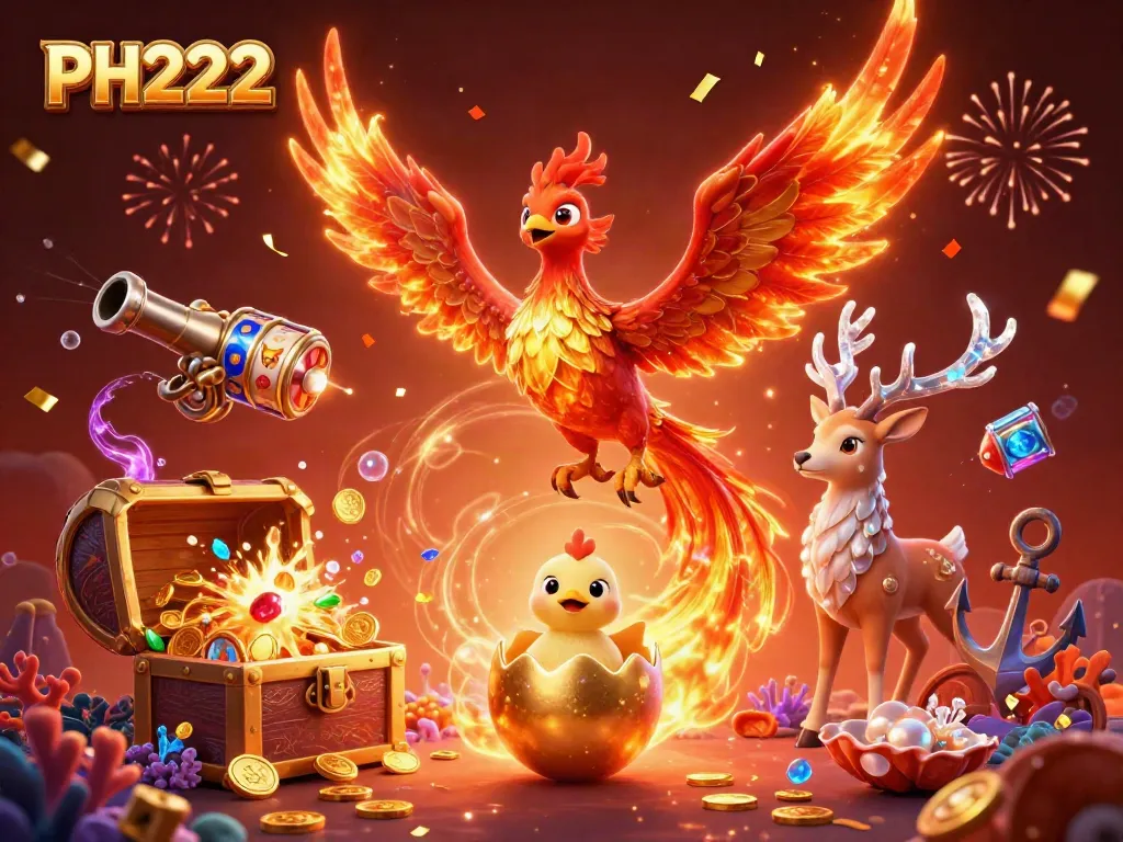 Experience the excitement at PH222 with a vibrant casino scene featuring a phoenix and treasures.