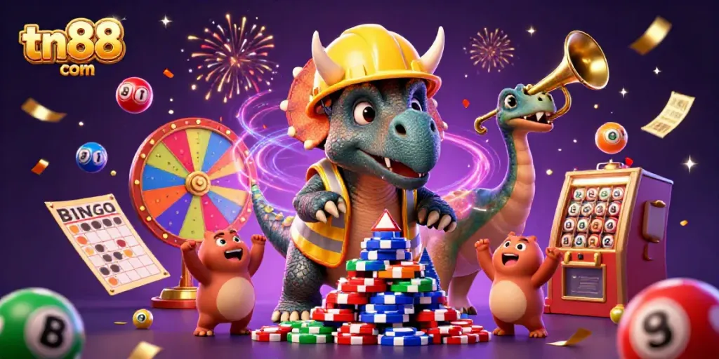 Celebrate with tn88 com as colorful lottery elements and friendly dinosaurs create excitement.