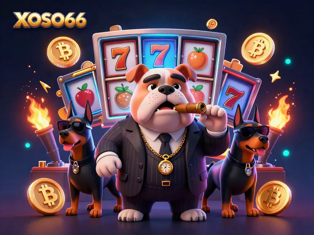 Experience XOSO66 with a mafia boss bulldog, slot machine elements, and vibrant casino imagery.