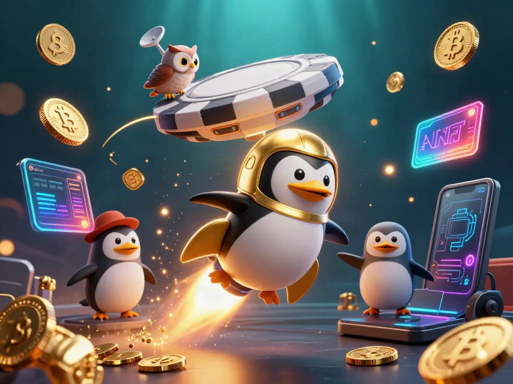 Win big with 8s at the casino as a golden penguin blasts through space chasing jackpots and crypto!