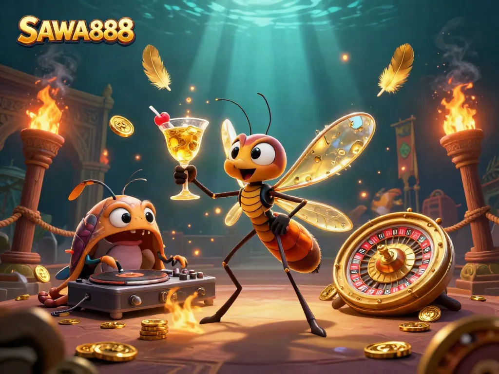 Engage with SAWA888's vibrant casino scene featuring dynamic 3D characters and elements.