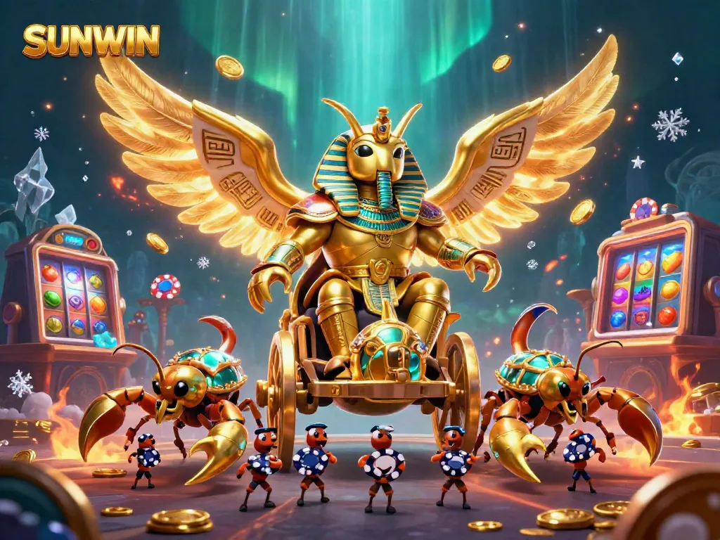 SUNWIN brings excitement alive with a golden scarab beetle and scorpions in a vibrant casino setting.