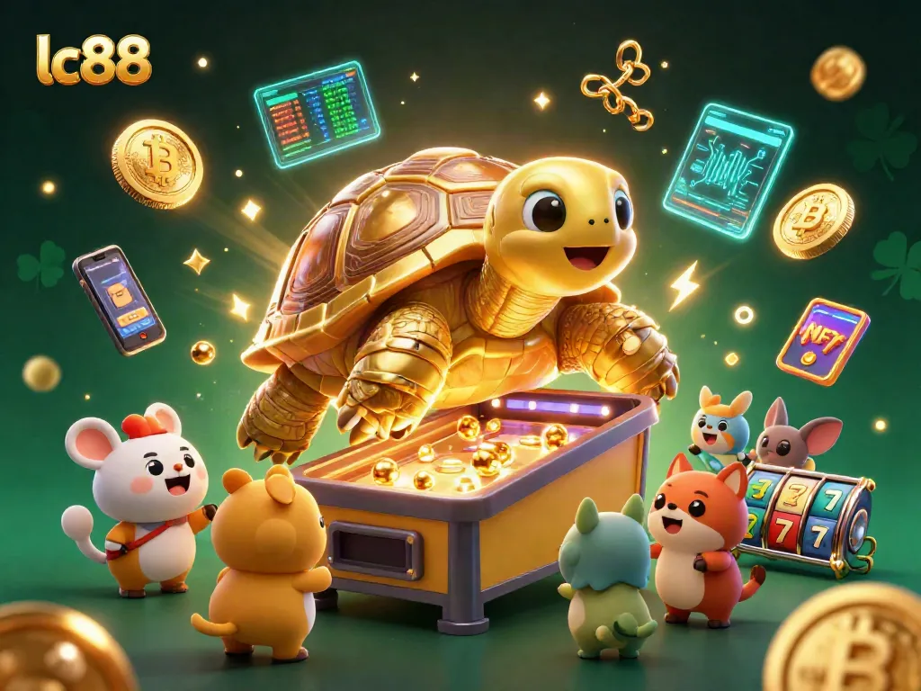 Play exciting casino games at lc88, featuring a golden tortoise pinball machine and dynamic cryptocurrency elements.