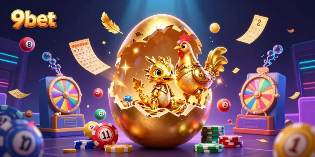 Win big with 9bet in this vibrant 3D casino scene featuring golden dragon and dynamic game elements.