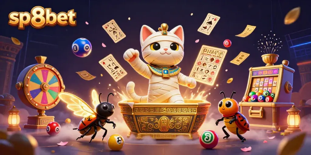 Experience sp8bet's vibrant gaming scene with an Egyptian mummy cat and glowing scarab in a dynamic casino