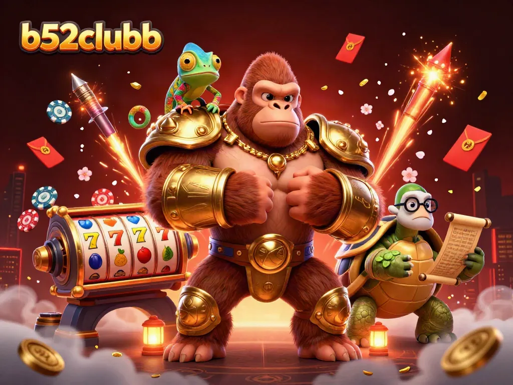 Engage in thrilling casino excitement with b52clubb in a vibrant 3D illustration featuring dynamic slot reels.