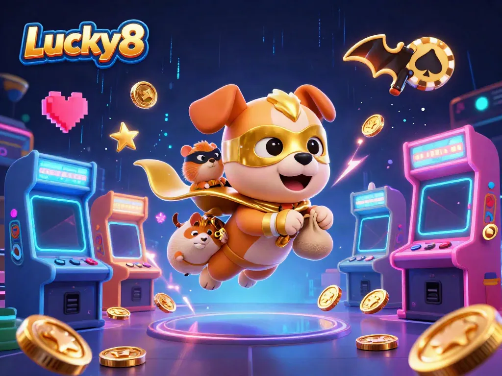 Lucky8 superhero dog flying with gold coins amid vibrant casino-themed game elements.