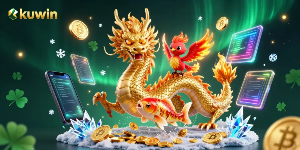 Kuwin players winning big with a fierce golden dragon and lucky koi fish surrounded by jackpot coins and crypto elements