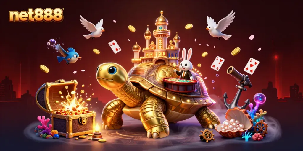 Experience thrilling gaming with net888 in a lively 3D casino scene featuring a golden tortoise and shining treasures.