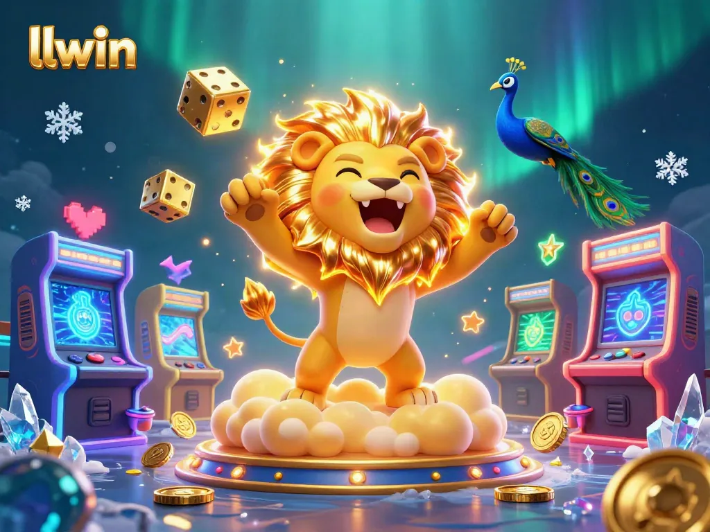 Engage with llwin's vibrant casino world filled with golden dice, arcade machines, and a roaring sun lion.
