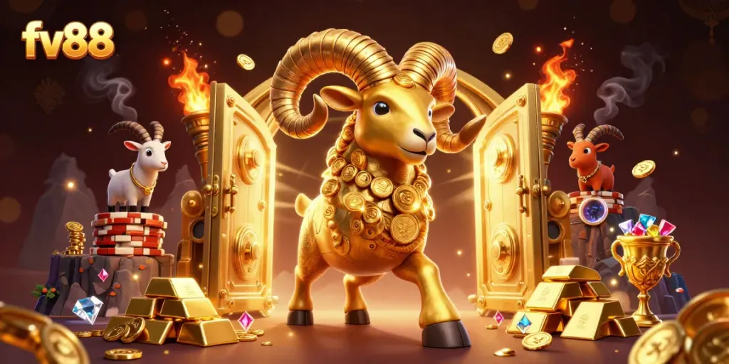 Experience high-stakes excitement at fv88 with a golden ram charging through a treasure-filled casino scene.